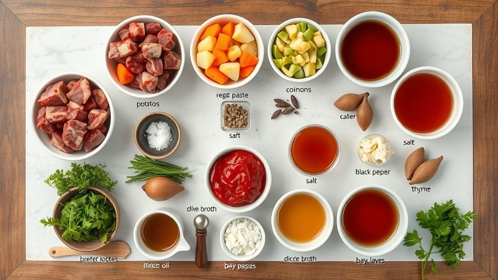 Festive Maple-Glazed Holiday Roast 4 Separated ingredients for Heirloom Hearty Beef Stew including beef cubes, carrots, potatoes, onions, tomato paste, broth, herbs, and spices arranged in small bowls on a rustic surface.