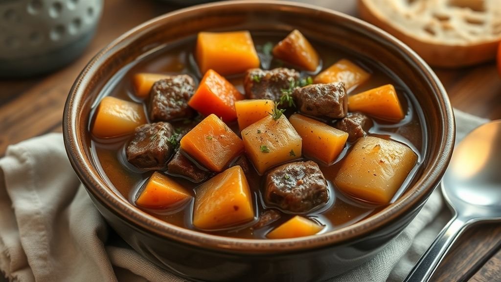 Festive Maple-Glazed Holiday Roast 3 Rustic bowl of heirloom hearty beef stew with tender beef chunks, carrots, and potatoes in a rich brown gravy, garnished with herbs and served on a wooden table.