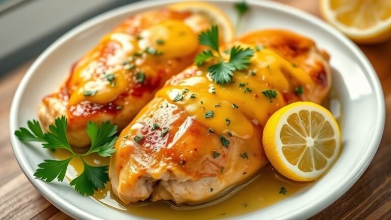 Juicy lemon garlic butter chicken breasts on a white plate with parsley and lemon slices, an easy dinner recipe in bright natural light.