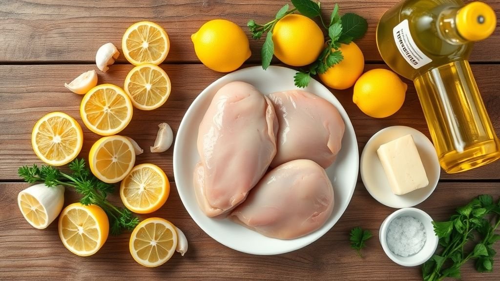 Juicy Lemon Garlic Butter Chicken Breasts – Easy Dinner Recipe 2 Fresh ingredients for Juicy Lemon Garlic Butter Chicken including chicken breasts, lemon, garlic, butter, parsley, and olive oil.