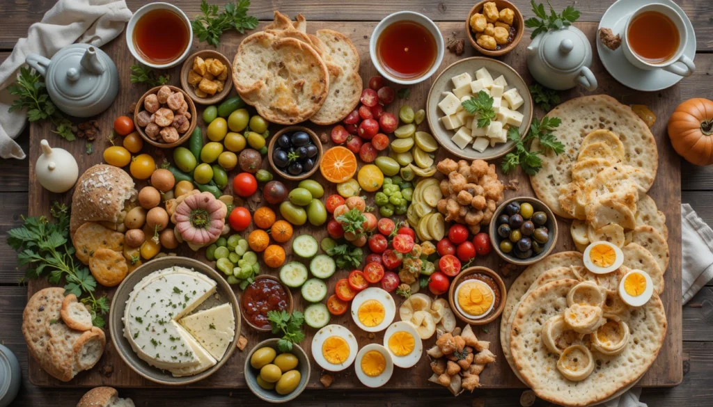 Gourmet Scrambled Eggs with Smoked Salmon 3 Lavish Turkish breakfast feast with olives, cheeses, cucumbers, tomatoes, boiled eggs, breads, jams, and tea arranged on a rustic wooden table.