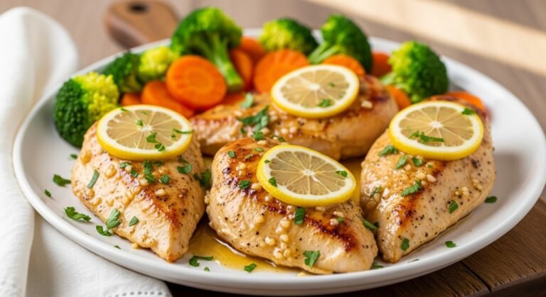 Juicy lemon garlic butter chicken breasts served with lemon slices and steamed vegetables on a white plate in natural light.