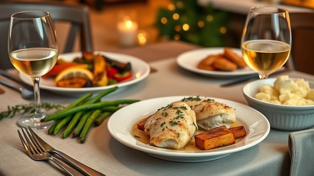 Juicy Lemon Garlic Butter Chicken Breasts – Easy Dinner Recipe 5 Lemon garlic butter chicken paired with roasted vegetables, mashed potatoes, and white wine for the perfect dinner combination.