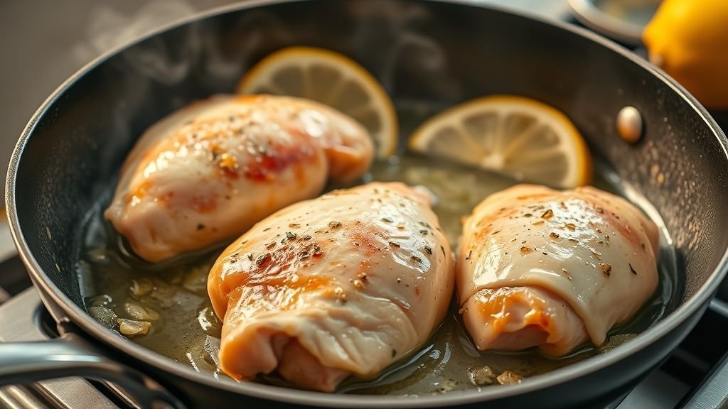 Juicy Lemon Garlic Butter Chicken Breasts – Easy Dinner Recipe 3 Step-by-step cooking of lemon garlic butter chicken with chicken breasts sizzling in a skillet with butter, garlic, and lemon slices.