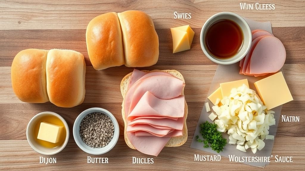 Comfort Food Favorites: Crispy Wraps, Meatball Subs 6 Separated ingredients for Melted Swiss Glazed Party Sliders including slider buns, ham, Swiss cheese, butter glaze, mustard, and poppy seeds.