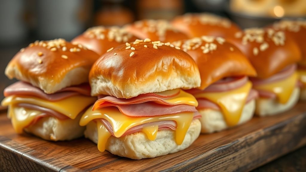 Comfort Food Favorites: Crispy Wraps, Meatball Subs 5 Melted Swiss Glazed Party Sliders with golden buttered buns, ham, and melted Swiss cheese served on a rustic tray.