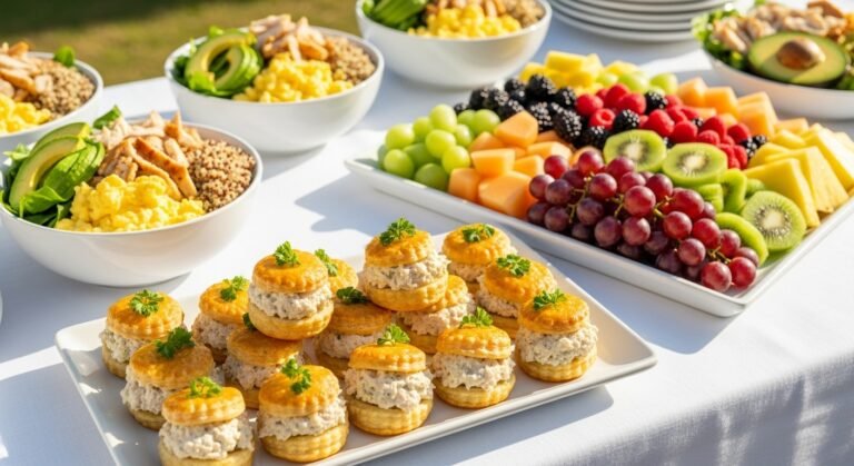 Mini chicken salad puffs, colorful fresh fruit platter, and high-protein breakfast bowls displayed on a bright brunch table.