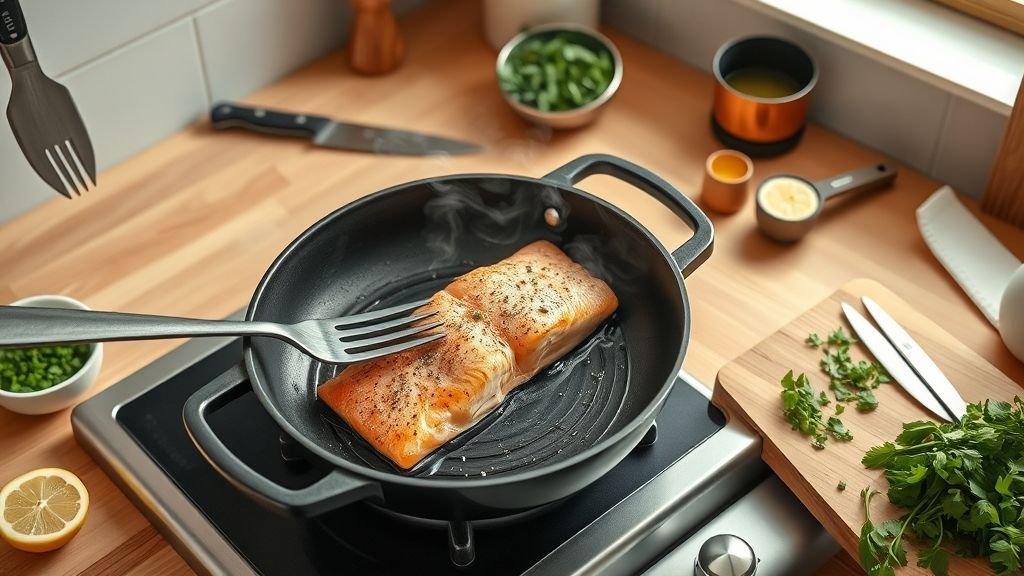 Healthy & Delicious Pan-Roasted Salmon with Lemon and Herbs 4 Hyper-realistic image showing step-by-step cooking of pan-roasted salmon with lemon and herbs in a skillet, surrounded by prepped ingredients and kitchen tools.