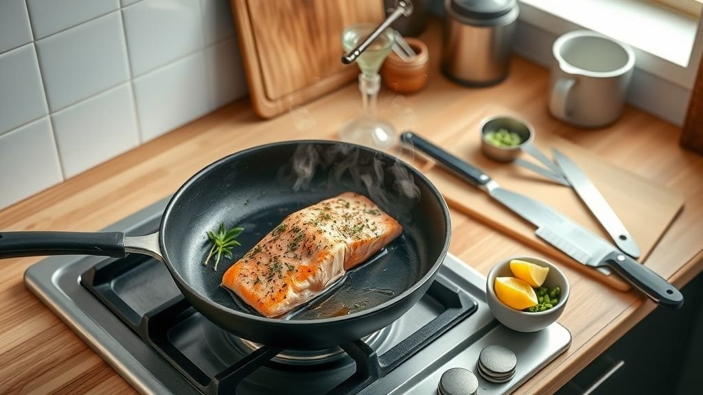 Healthy & Delicious Pan-Roasted Salmon with Lemon and Herbs 3 Hyper-realistic image of cooking tools needed for pan-roasted salmon with lemon and herbs including skillet, spatula, knife, cutting board, herbs, and lemon slices on a wooden counter.Select 64 more words to run Humanizer.