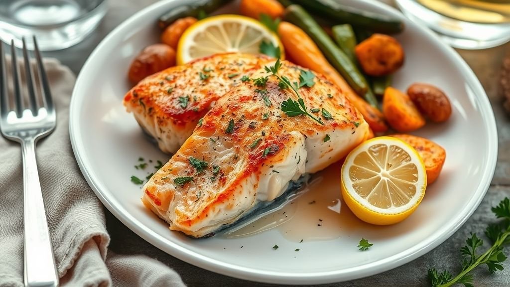 Healthy & Delicious Pan-Roasted Salmon with Lemon and Herbs 6 Hyper-realistic image of plated pan-roasted salmon with lemon and herbs, roasted vegetables, and a small card showing nutrition facts per serving.