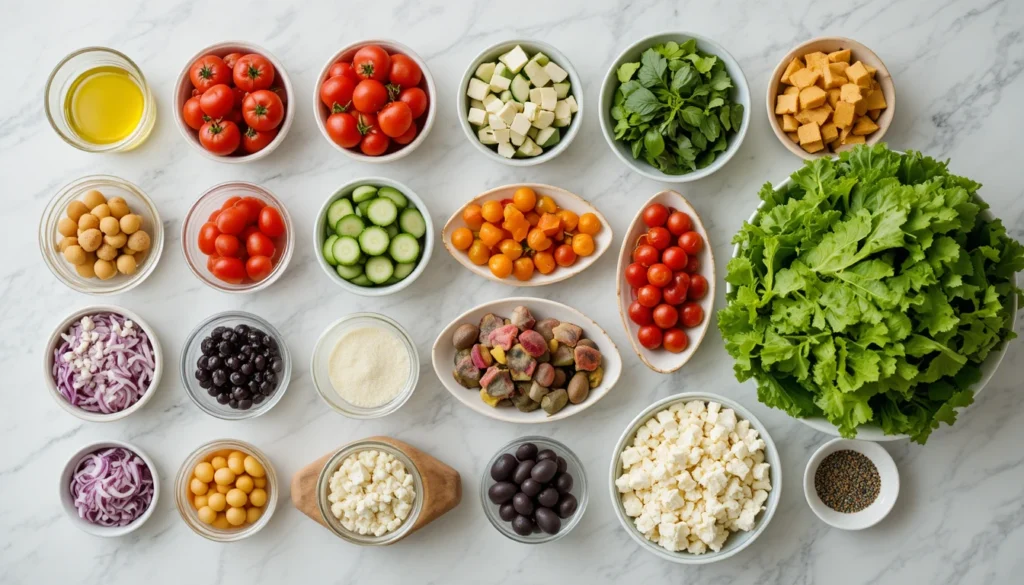Separated ingredients for Mediterranean Garden Salad including romaine, mixed greens, cherry tomatoes, cucumbers, bell peppers, red onion, olives, feta, olive oil, lemon juice, and herbs displayed in small bowls.