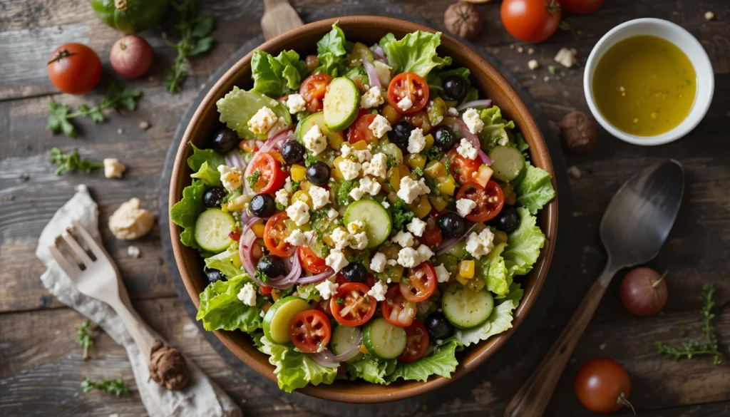 Mediterranean garden salad with romaine, cucumbers, cherry tomatoes, red onion, bell peppers, olives, and feta cheese in a rustic bowl on a wooden table.