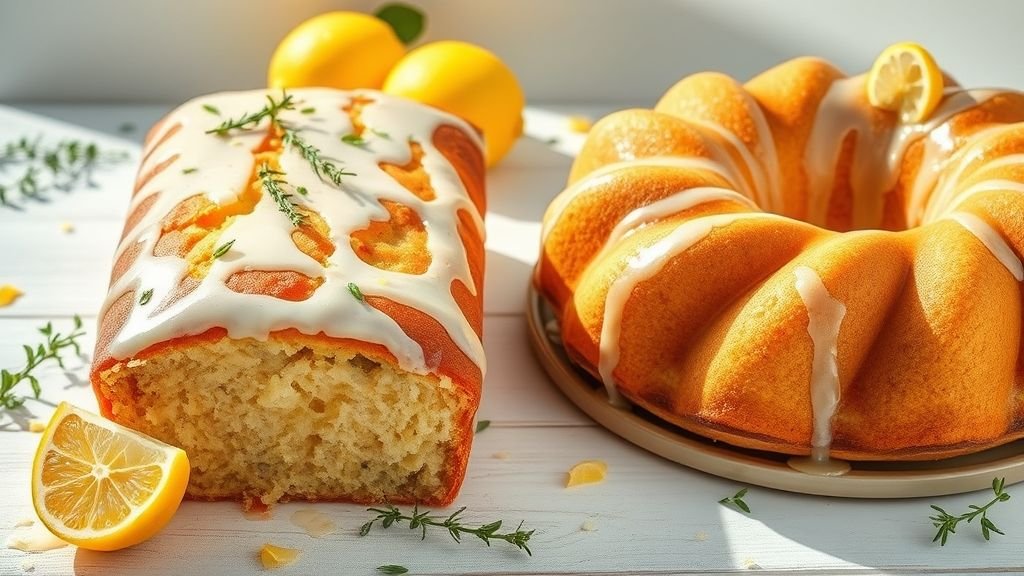 Rustic Lemon Drizzle Cake with Thyme 1 Rustic Lemon Drizzle Cake with Thyme and Garden Party Lemon Bundt with lemon glaze, thyme garnish, and bright citrus styling.