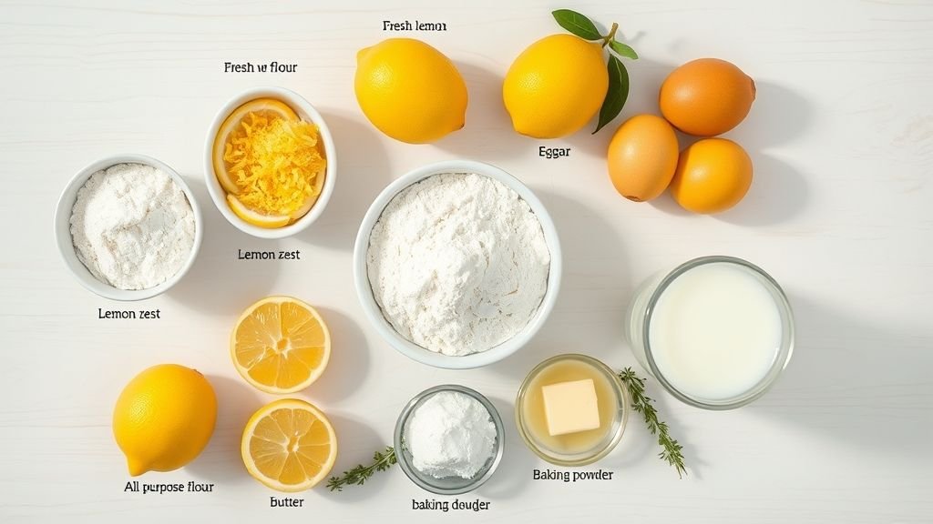 Rustic Lemon Drizzle Cake with Thyme 4 Ingredients for Rustic Lemon Drizzle Cake with Thyme including lemons, flour, sugar, butter, eggs, and thyme arranged neatly for baking prep.