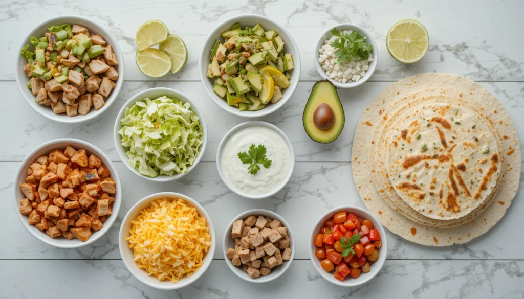 Separated ingredients for Smoky Grilled Chicken and Avocado Ranch Burrito including grilled chicken, avocado, lettuce, tomatoes, cheese, tortilla, ranch, lime wedges, and cilantro displayed in small bowls.