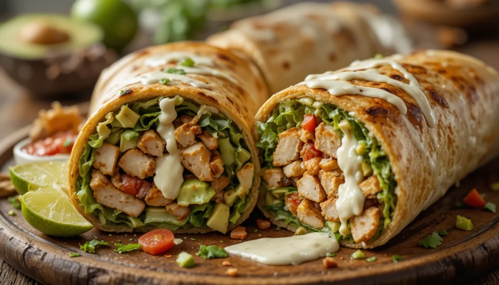 Smoky grilled chicken and avocado ranch burrito cut in half, showing chicken, avocado, lettuce, tomato, and cheese, served on a rustic plate.