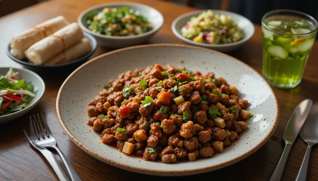 Spicy Ground Beef Stir-Fry Bowl – Quick & Flavor-Packed Dinner 6 Perfect Pairings for Spicy Ground Beef Stir-Fry Bowl with spring rolls, salad, and green tea