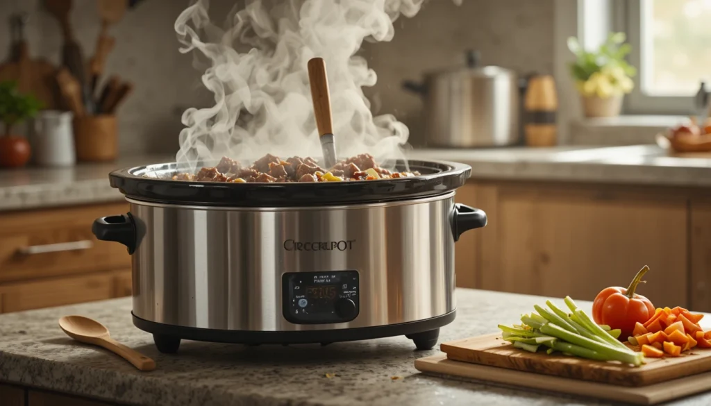The Best Crockpot Beef Stew | Easy Slow Cooker Dinner Recipe 2 Cooking and preparation time setup for The Best Crockpot Beef Stew with slow cooker and fresh ingredients.