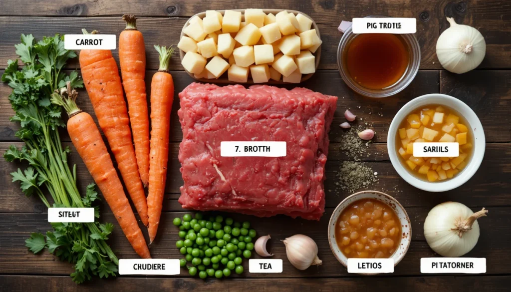 The Best Crockpot Beef Stew | Easy Slow Cooker Dinner Recipe 3 Ingredients for The Best Crockpot Beef Stew including beef, carrots, potatoes, peas, onions, and herbs.