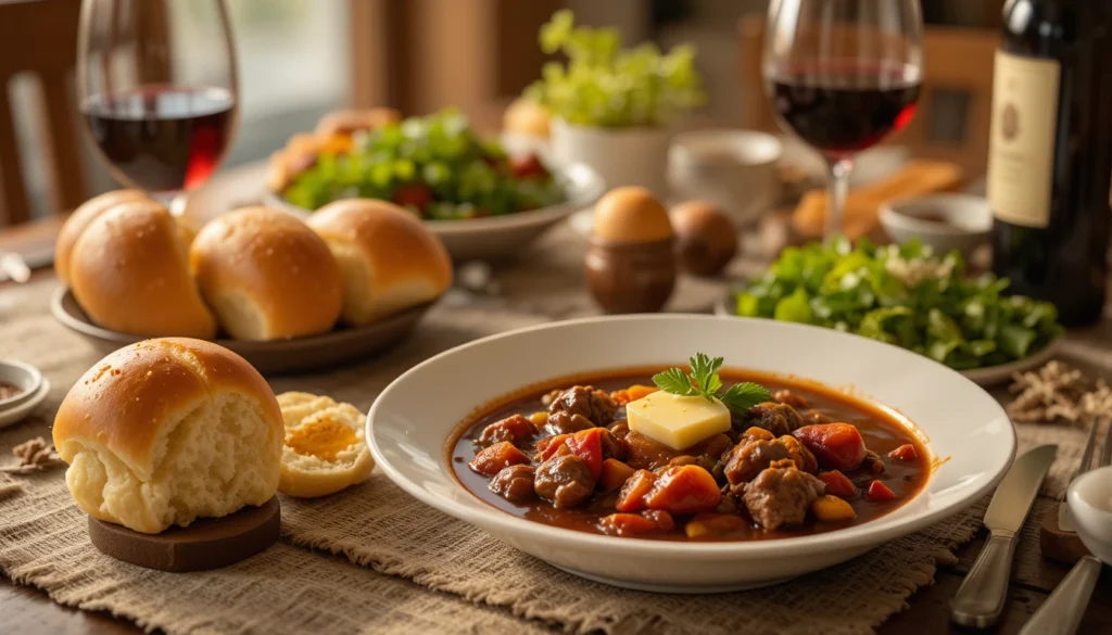 The Best Crockpot Beef Stew | Easy Slow Cooker Dinner Recipe 5 The Best Crockpot Beef Stew served with bread rolls, garlic butter, and red wine on a cozy dinner table.