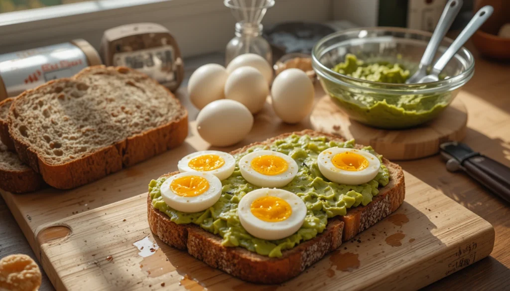 The Ultimate Avocado and Boiled Egg Toast 2 Cooking and preparation setup for The Ultimate Avocado and Boiled Egg Toast with timer and ingredients ready to assemble.