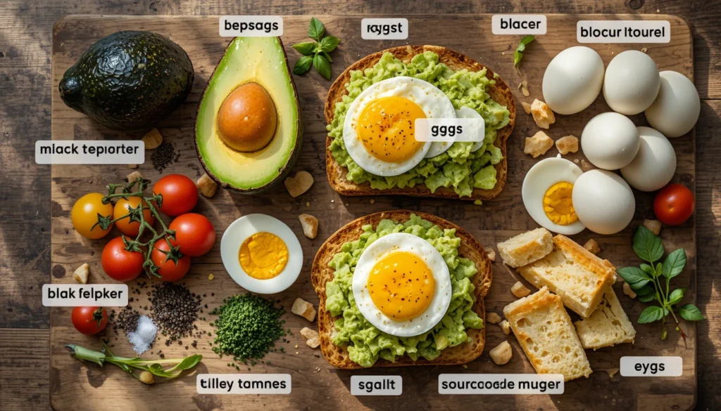 The Ultimate Avocado and Boiled Egg Toast 3 Ingredients for The Ultimate Avocado and Boiled Egg Toast including avocado, eggs, sourdough, tomatoes, and spices.