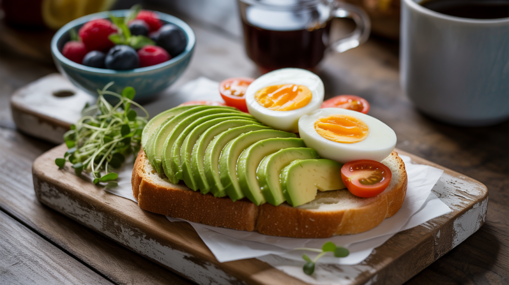 The Ultimate Avocado and Boiled Egg Toast 5 The Ultimate Avocado and Boiled Egg Toast with side pairings like fruit salad, microgreens, and coffee.