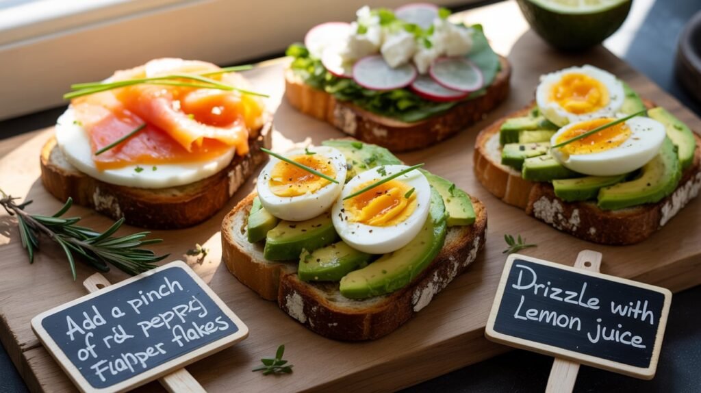The Ultimate Avocado and Boiled Egg Toast 6 Tips and variations for The Ultimate Avocado and Boiled Egg Toast including smoked salmon, radish, and feta toppings.