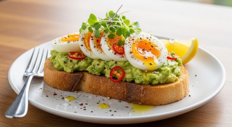 Golden sourdough avocado toast topped with sliced boiled eggs, chili flakes, and microgreens on a white plate in natural light.