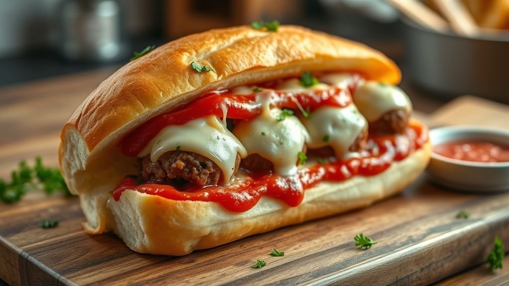 Comfort Food Favorites: Crispy Wraps, Meatball Subs 3 Ultimate Baked Meatball Sub with melted cheese, marinara sauce, and golden toasted bread on a rustic board.