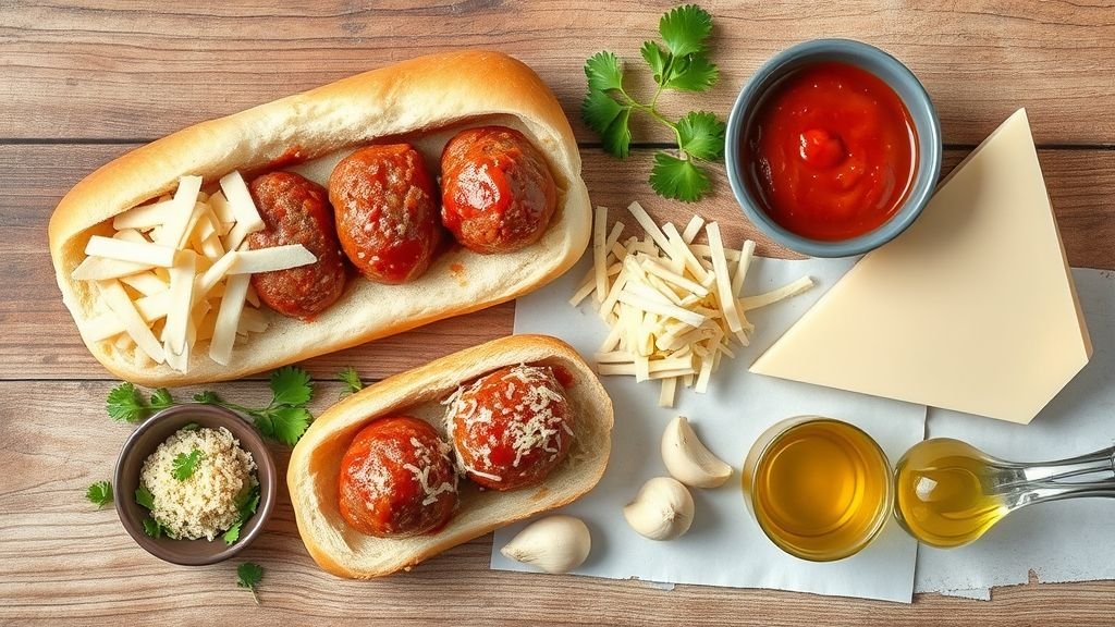 Comfort Food Favorites: Crispy Wraps, Meatball Subs 4 Separated ingredients for Ultimate Baked Meatball Sub including meatballs, sub rolls, mozzarella, marinara sauce, Parmesan, and parsley.