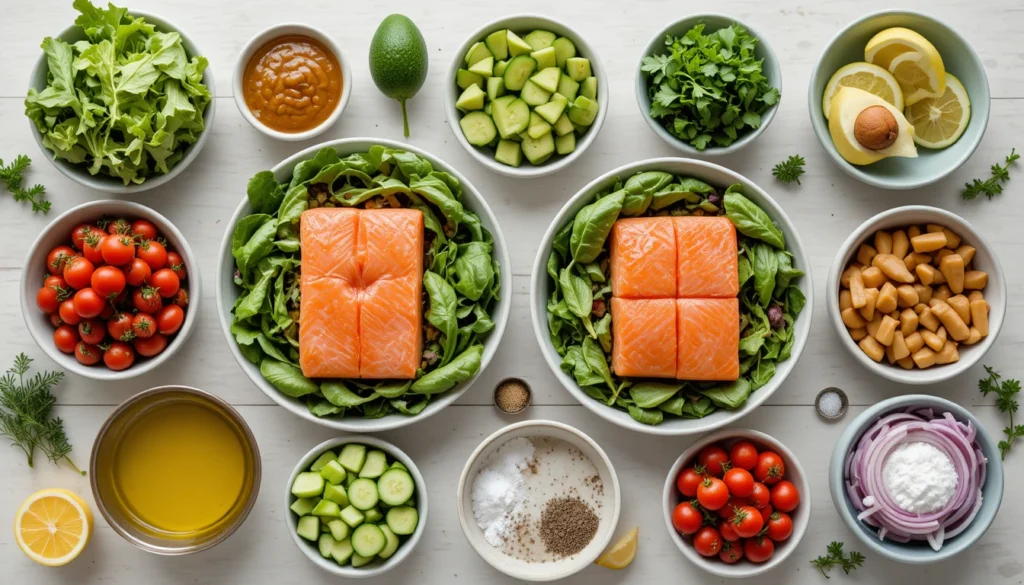 Separated ingredients for The Ultimate Salmon Salad Platter including salmon fillets, salad greens, cherry tomatoes, cucumber, avocado, red onion, radishes, lemon, olive oil, and herbs displayed in small bowls.