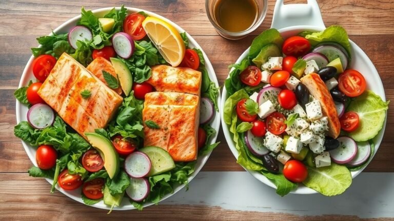 Fresh salmon salad platter with mixed greens, avocado, cherry tomatoes, and Mediterranean garden salad with cucumbers, olives, and feta, arranged side by side on a rustic table.
