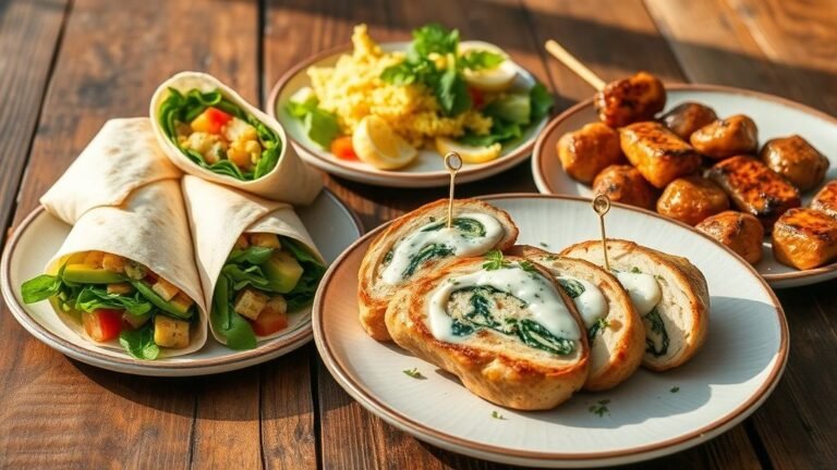 Wholesome Vegan Breakfast Wraps 2 Wholesome Vegan Breakfast Wraps, Creamy Spinach Stuffed Chicken Breast, and Glazed Herb Meat Skewers served together as protein-packed comfort meals on a rustic table.