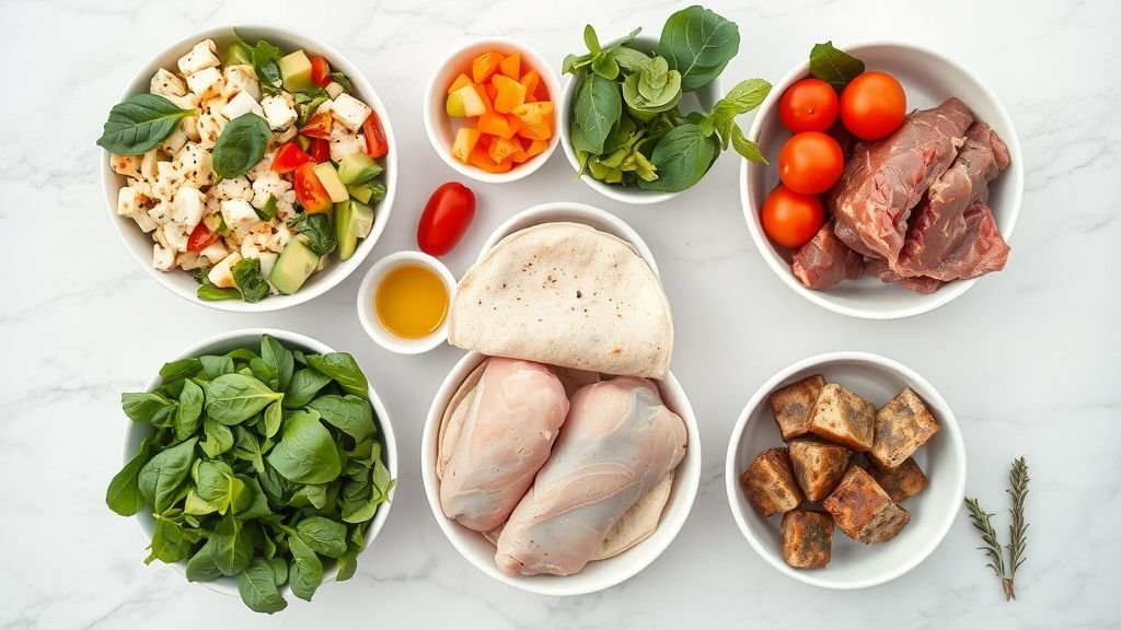 Wholesome Vegan Breakfast Wraps 2 Separated ingredients for Wholesome Vegan Breakfast Wraps, Creamy Spinach Stuffed Chicken Breast, and Glazed Herb Meat Skewers displayed neatly in small bowls on a bright surface.