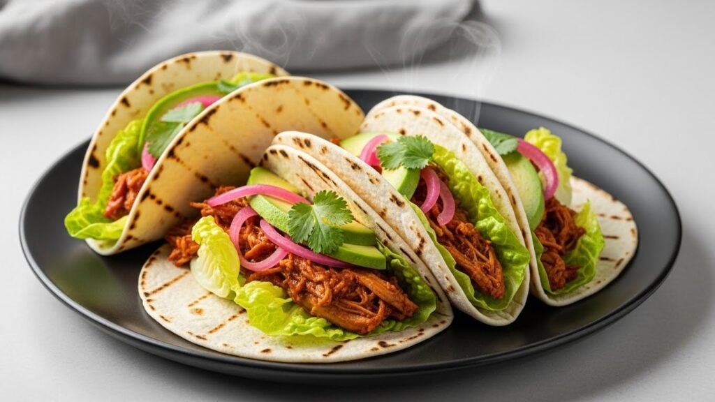 Birria Tacos-Mini Quesadillas & BBQ Chicken Tacos 6 Juicy BBQ chicken tacos on a black plate with fresh toppings and vibrant colors