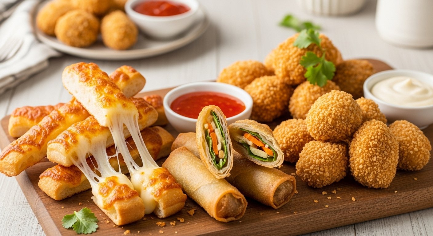 Cheesy breadsticks, crispy spring rolls, and golden chicken bites served with dipping sauces on a rustic wooden board.