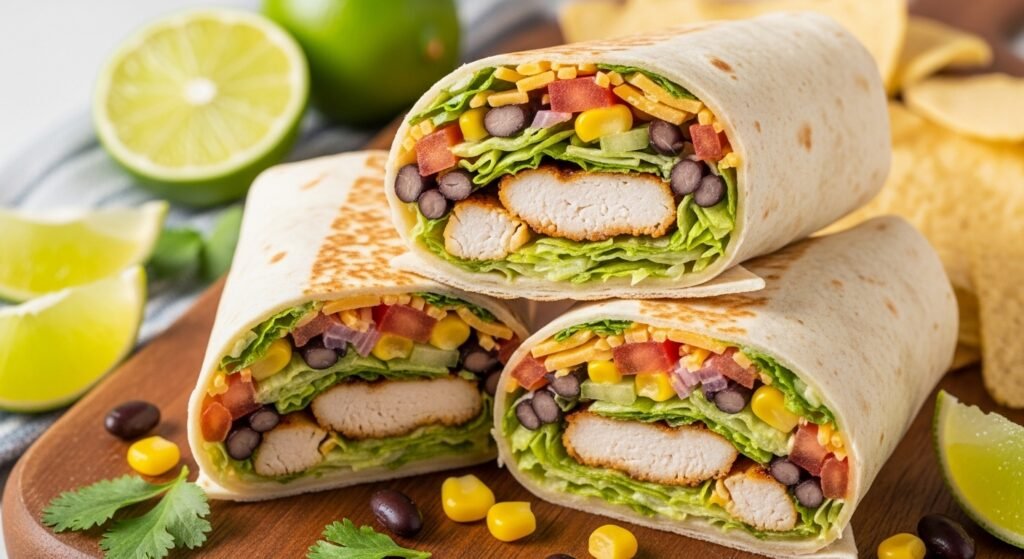 Southwest Crunch Wraps- Pizza & Creamy Chicken Wraps 2 Southwest chicken salad crunch wrap cut in half showing chili-lime chicken, lettuce, beans, corn, tomatoes, cheese, and sauce inside a toasted tortilla, served with lime wedges and cilantro.