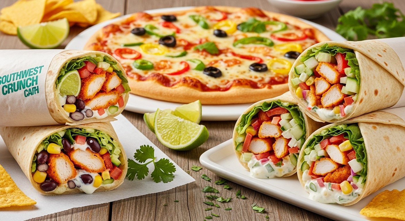 Southwest Crunch Wraps- Pizza & Creamy Chicken Wraps 1 Southwest crunch wrap, cheesy pizza, and creamy chicken wraps arranged on a rustic table with herbs and lime wedges