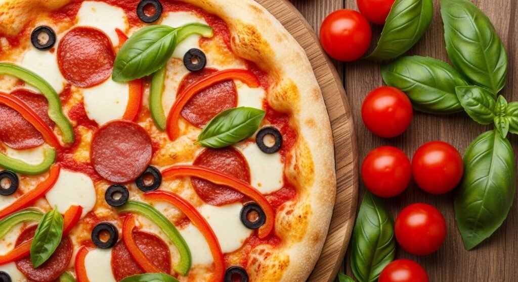 Southwest Crunch Wraps- Pizza & Creamy Chicken Wraps 4 Freshly baked pizza with melted mozzarella, tomato sauce, fresh basil, and assorted toppings on a rustic wooden board