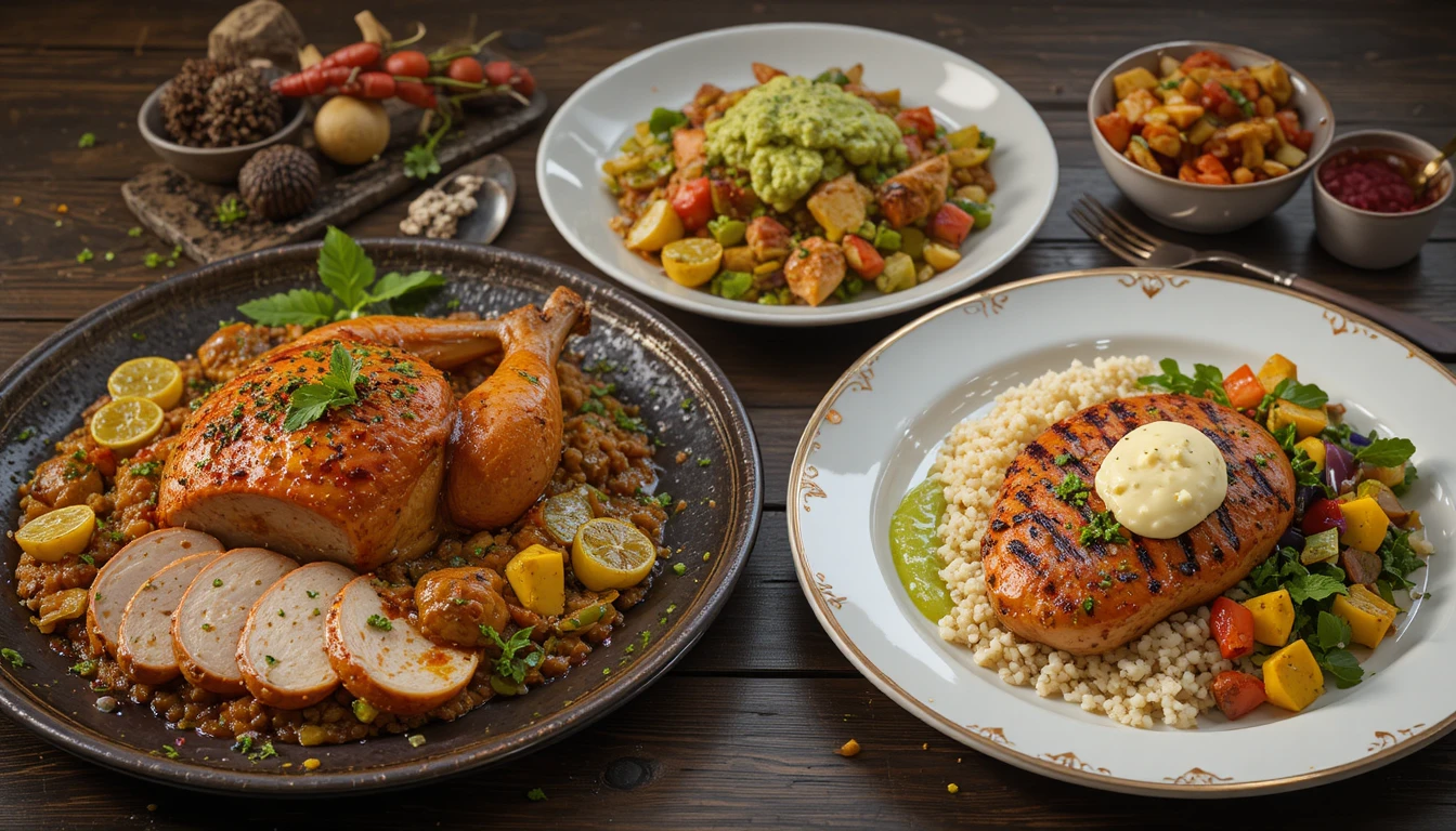 Hearty autumn dish with Christmas turkey, zesty Peruvian chicken with avocado sauce, and grilled chicken with creamy herb sauce, rice, and vegetables arranged on a rustic table
