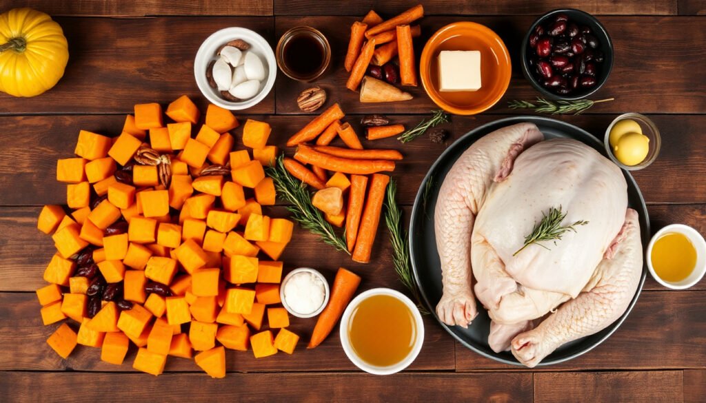 Separate ingredients for an autumn harvest dish and Christmas turkey pairing including squash, sweet potatoes, carrots, cranberries, spices, herbs, butter, and raw turkey breast