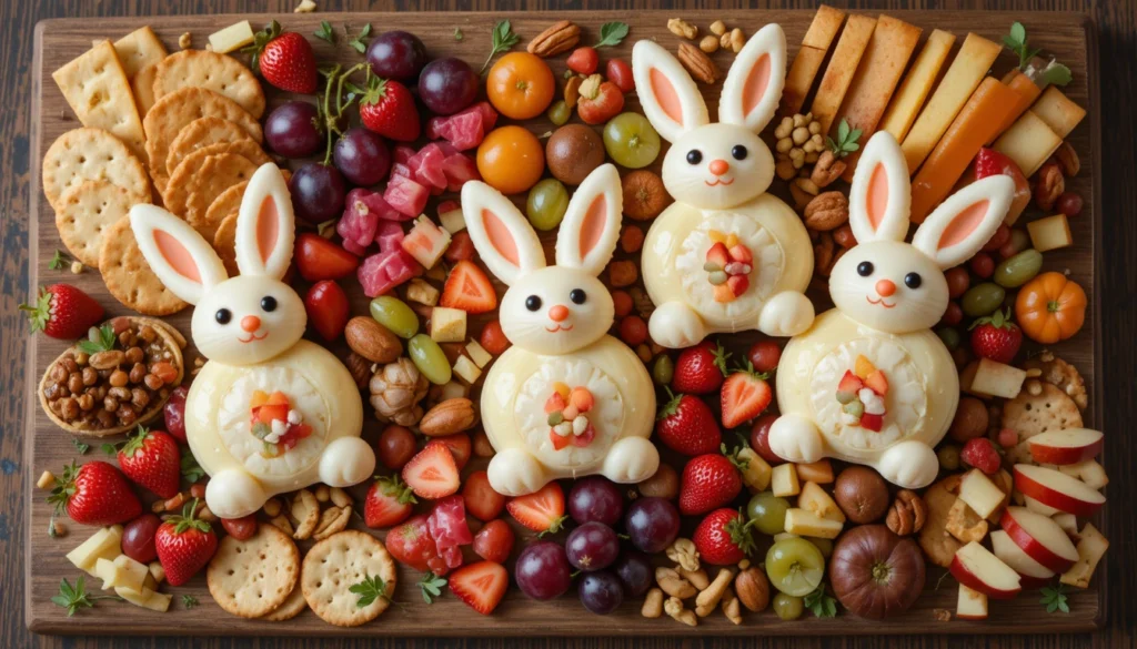 Mediterranean-Inspired Party Recipes 5 Hyper-realistic Babybel Bunny Charcuterie Board with mini Babybel cheeses, crackers, fresh fruit slices, nuts, and whimsical edible decorations arranged on a wooden board