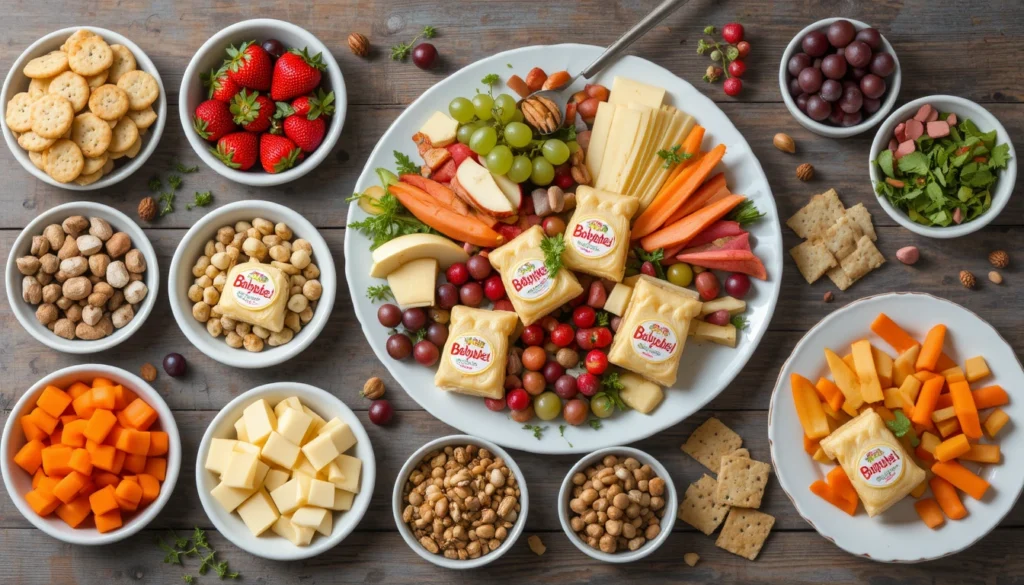 Mediterranean-Inspired Party Recipes 6 Hyper-realistic display of Babybel Bunny Charcuterie ingredients separately in bowls: mini Babybel cheeses, crackers, strawberries, grapes, apple slices, nuts, carrot sticks, and herbs arranged on a wooden counter
