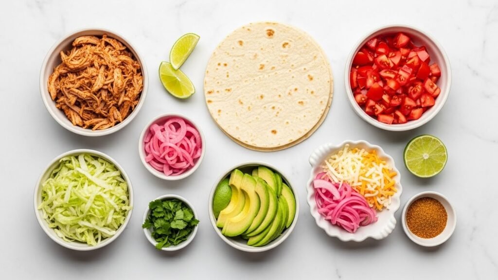 Birria Tacos-Mini Quesadillas & BBQ Chicken Tacos 7 Separated BBQ chicken taco ingredients arranged in small bowls on a marble background