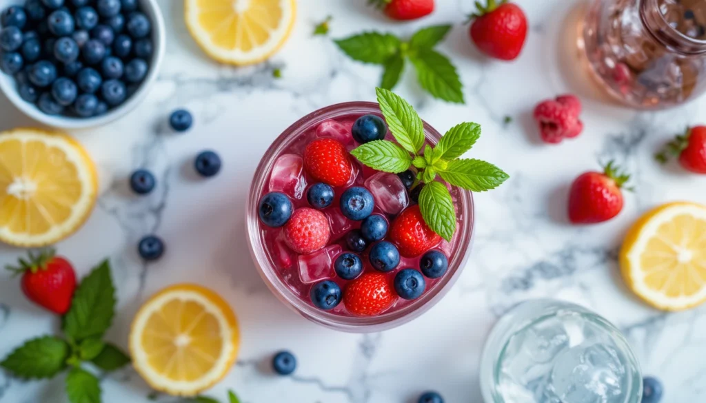 Floral & Fruity Cocktail Recipes: Golden Rosé Sunset 6 Flat-lay of Berry Bliss Cocktail ingredients — assorted fresh berries, mint, lemon, syrup, and ice arranged neatly in a 16:9 composition.