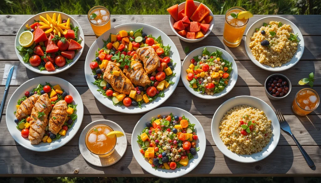 Herb Chicken, Glazed Veggies & Easy Summer Dinners 5 Healthy summer meals including grilled proteins, fresh salads, tropical fruits, and refreshing iced drinks, arranged in a bright, sunlit outdoor setting