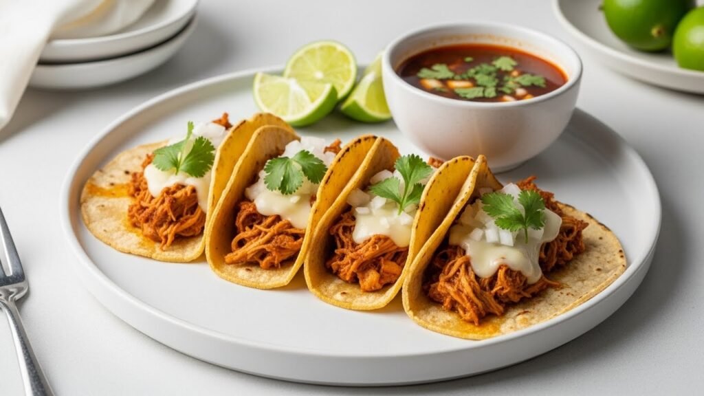 Birria Tacos-Mini Quesadillas & BBQ Chicken Tacos 2 Plate of crispy chicken birria tacos with consommé, lime wedges, and fresh cilantro.