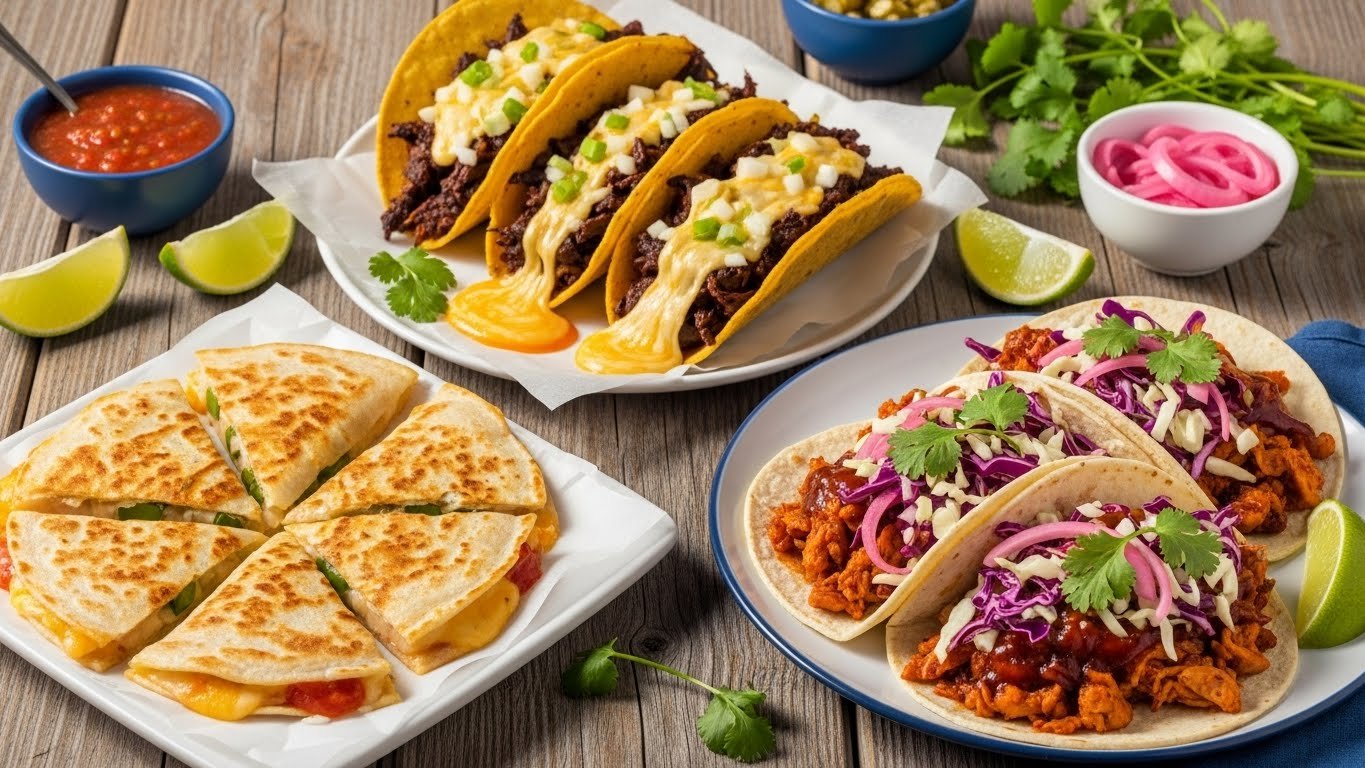 Birria Tacos-Mini Quesadillas & BBQ Chicken Tacos 1 Birria tacos with consommé, mini quesadillas, and BBQ chicken tacos arranged with lime wedges, salsa, and toppings on a rustic table