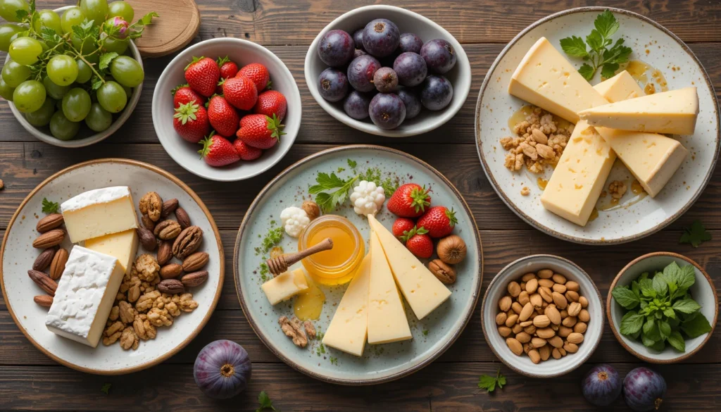 Mediterranean-Inspired Party Recipes 4 Hyper-realistic display of Brie & Honey Delight ingredients separately in bowls: brie cheese, honey, grapes, strawberries, figs, nuts, and fresh herbs arranged on a wooden counter, 16:9 format